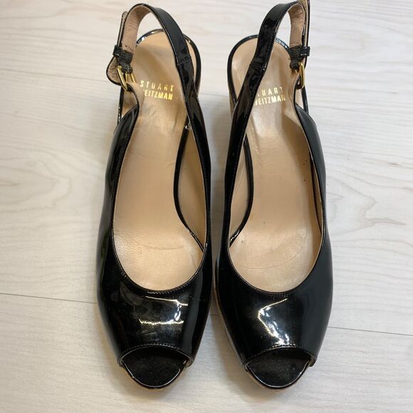 Stuart Weitzman Womens 11M Riveria Sandals Black Patent Leather Slingback Wedge - Picture 6 of 10